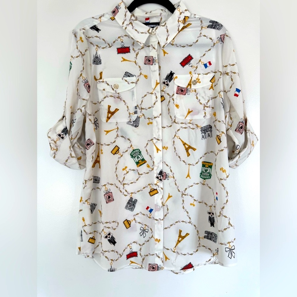 Karl Lagerfeld White Printed Large Blouse- Never Worn